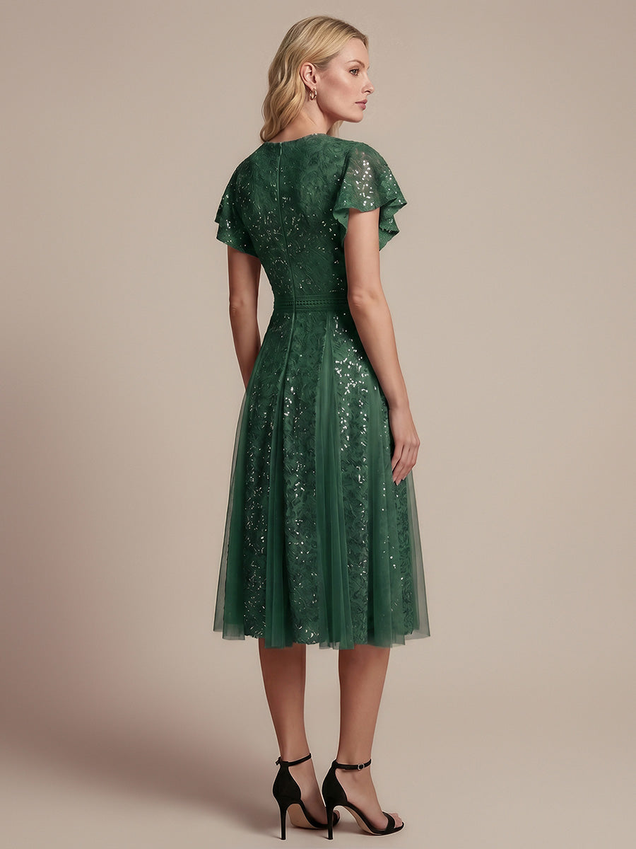 Lace Ruffle Sleeve A-Line Wedding Guest Dress #color_Dark Green