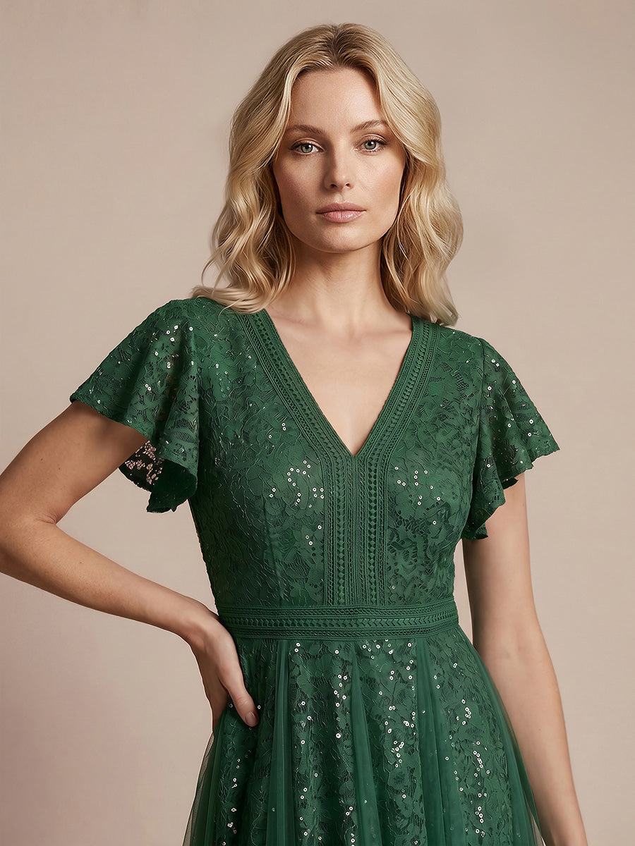 Lace Ruffle Sleeve A-Line Wedding Guest Dress #color_Dark Green