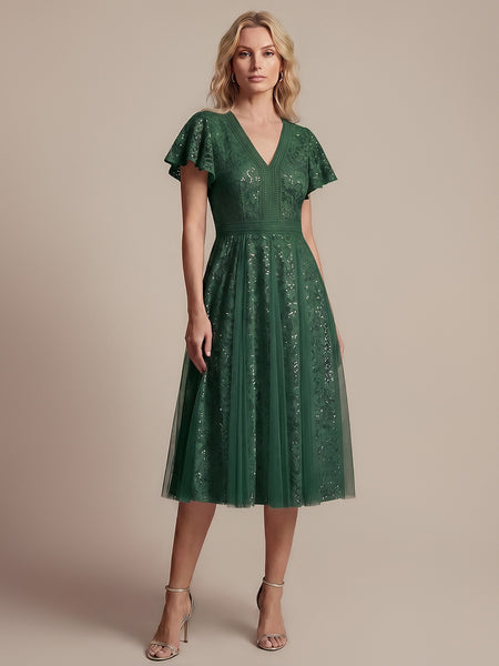 women winter classic dress Ever-Pretty Lace V-Neck Midi Cocktail Dress with Flutter Sleeves