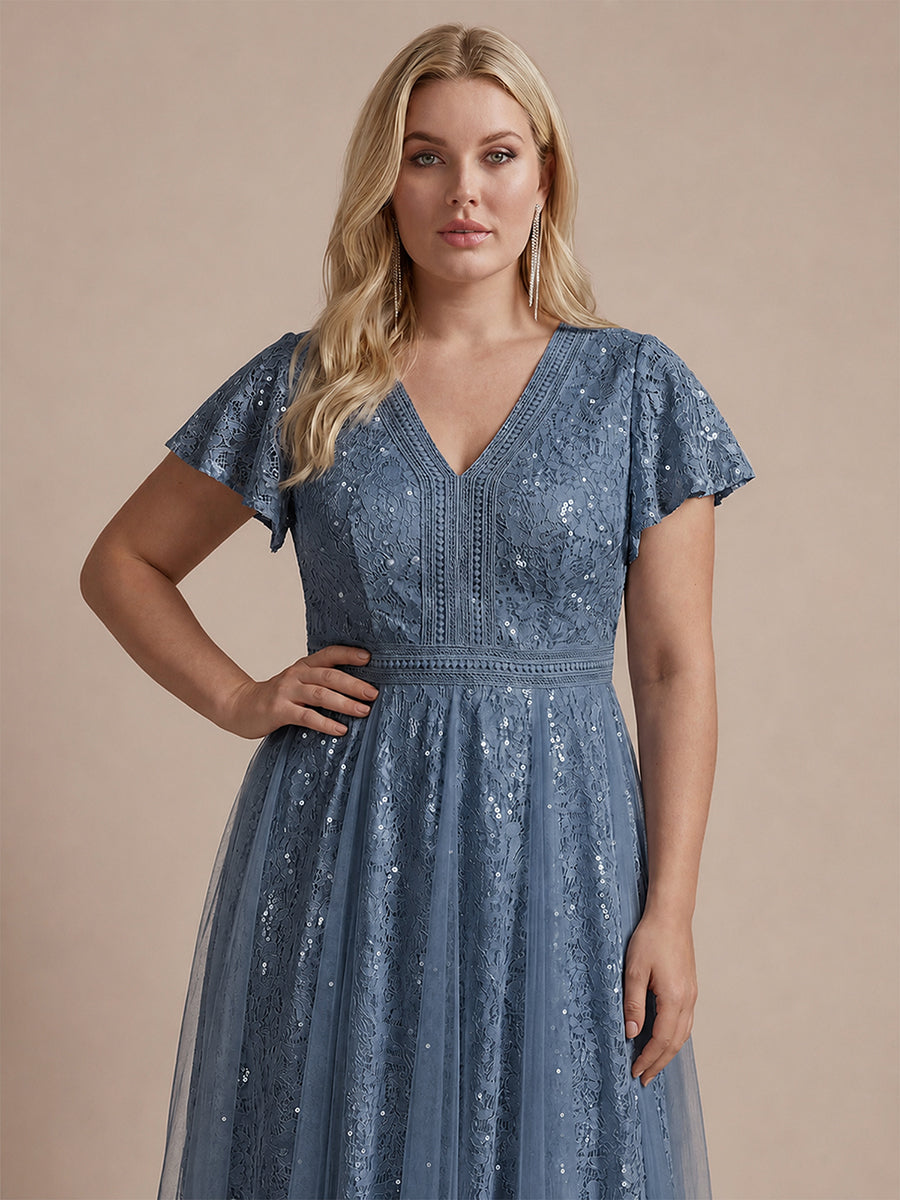 Lace Ruffle Sleeve A-Line Wedding Guest Dress #color_Dusty Blue