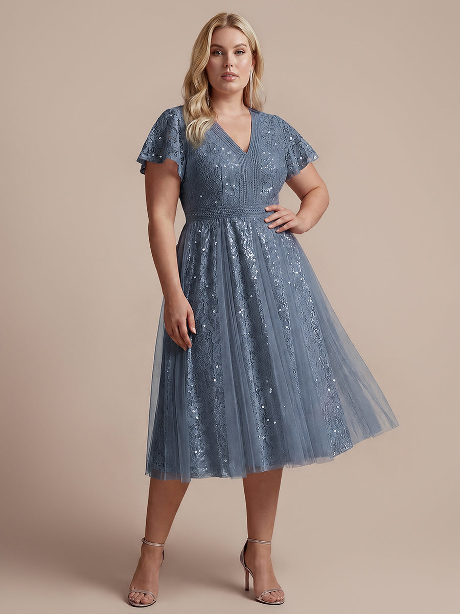 Plus Size Lace Ruffle Sleeve Wedding Guest Dress #color_Dusty Blue