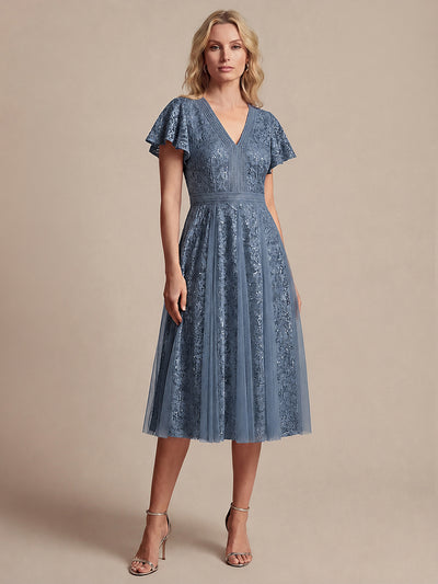 Lace Flutter Sleeve A-Line Wedding Guest Dress