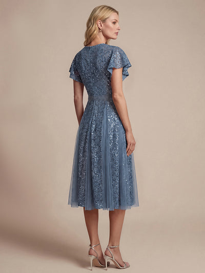 Lace Ruffle Sleeve A-Line Wedding Guest Dress #color_Dusty Blue