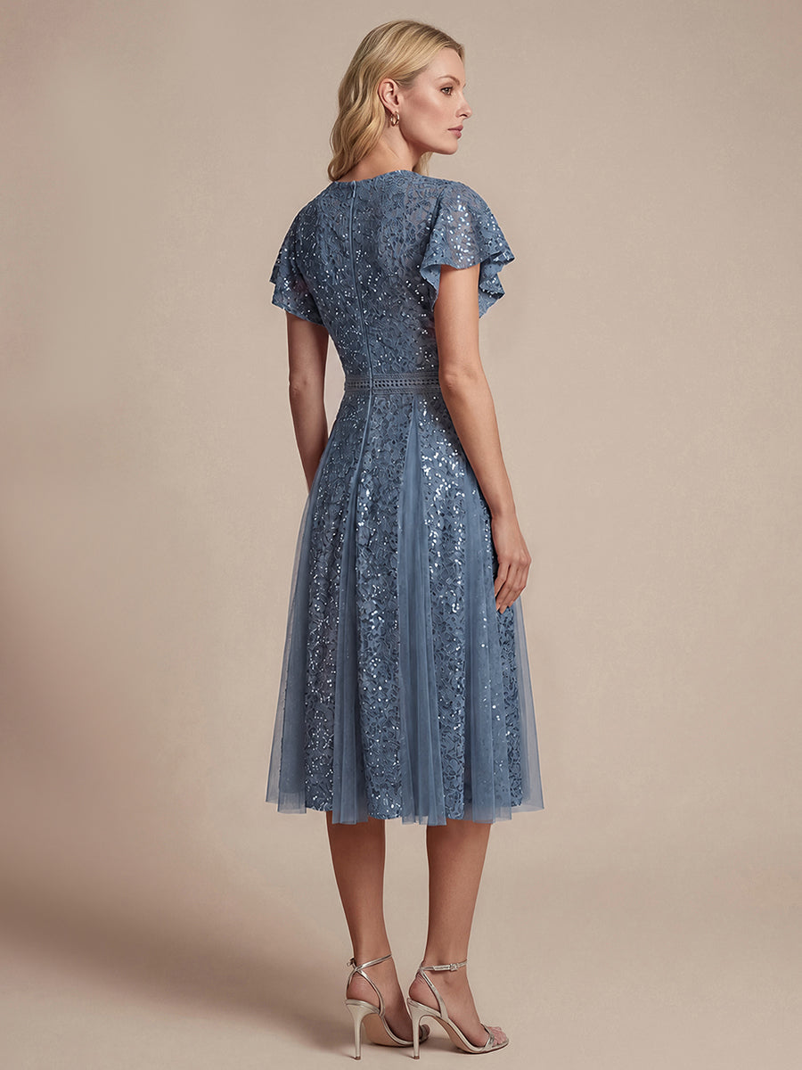 Lace Ruffle Sleeve A-Line Wedding Guest Dress #color_Dusty Blue