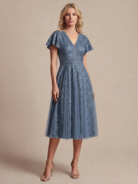 midi lace formal cocktail dress product info and reviews Ever-Pretty Lace Flutter Sleeve A-Line Summer Formal Wedding Guest Dress In Dusty Blue Size 6