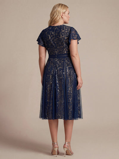 Plus Size Lace Ruffle Sleeve Wedding Guest Dress #color_Navy Blue