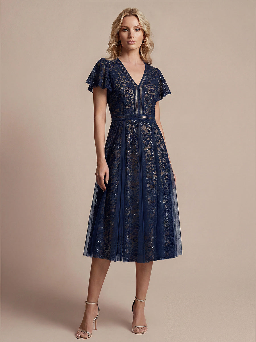 Lace V-Neck Midi Cocktail Dress with Flutter Sleeves - Ever-Pretty US Lace V-Neck Midi Cocktail Dress with Flutter Sleeves - Ever-Pretty US