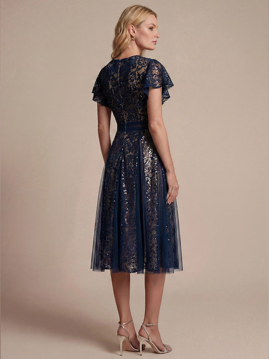Lace Ruffle Sleeve A-Line Wedding Guest Dress #color_Navy Blue