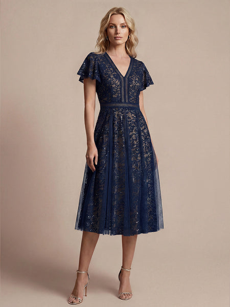 Ever-Pretty Lace V-Neck Midi Cocktail Dress with Flutter Sleeves Vestido con Lentejuelas