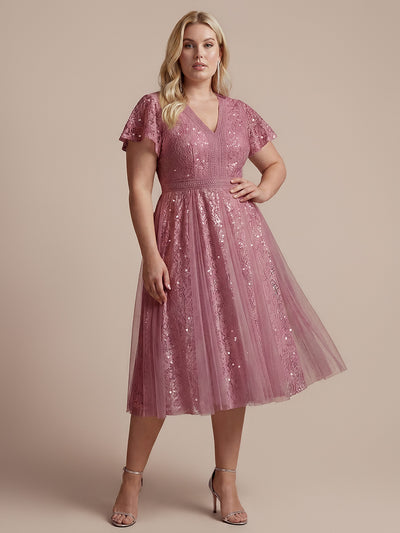 Plus Size Lace Ruffle Sleeve Wedding Guest Dress