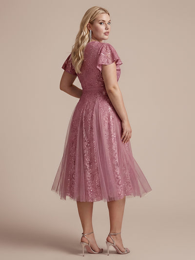 Plus Size Lace Ruffle Sleeve Wedding Guest Dress #color_Purple Orchid