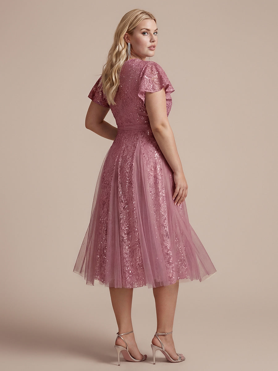 Lace Ruffle Sleeve A-Line Wedding Guest Dress #color_Purple Orchid