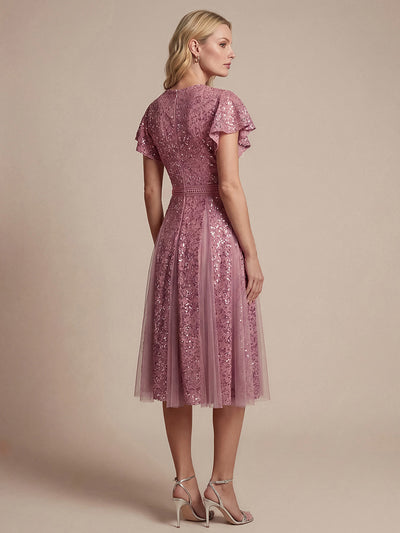 Lace Ruffle Sleeve A-Line Wedding Guest Dress #color_Purple Orchid