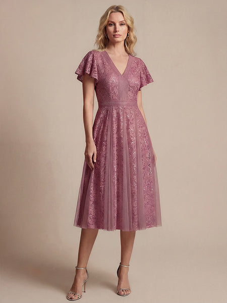 pink cocktail dress with sleeves Ever-Pretty Lace V-Neck Midi Cocktail Dress with Flutter Sleeves Vestido con Lentejuelas