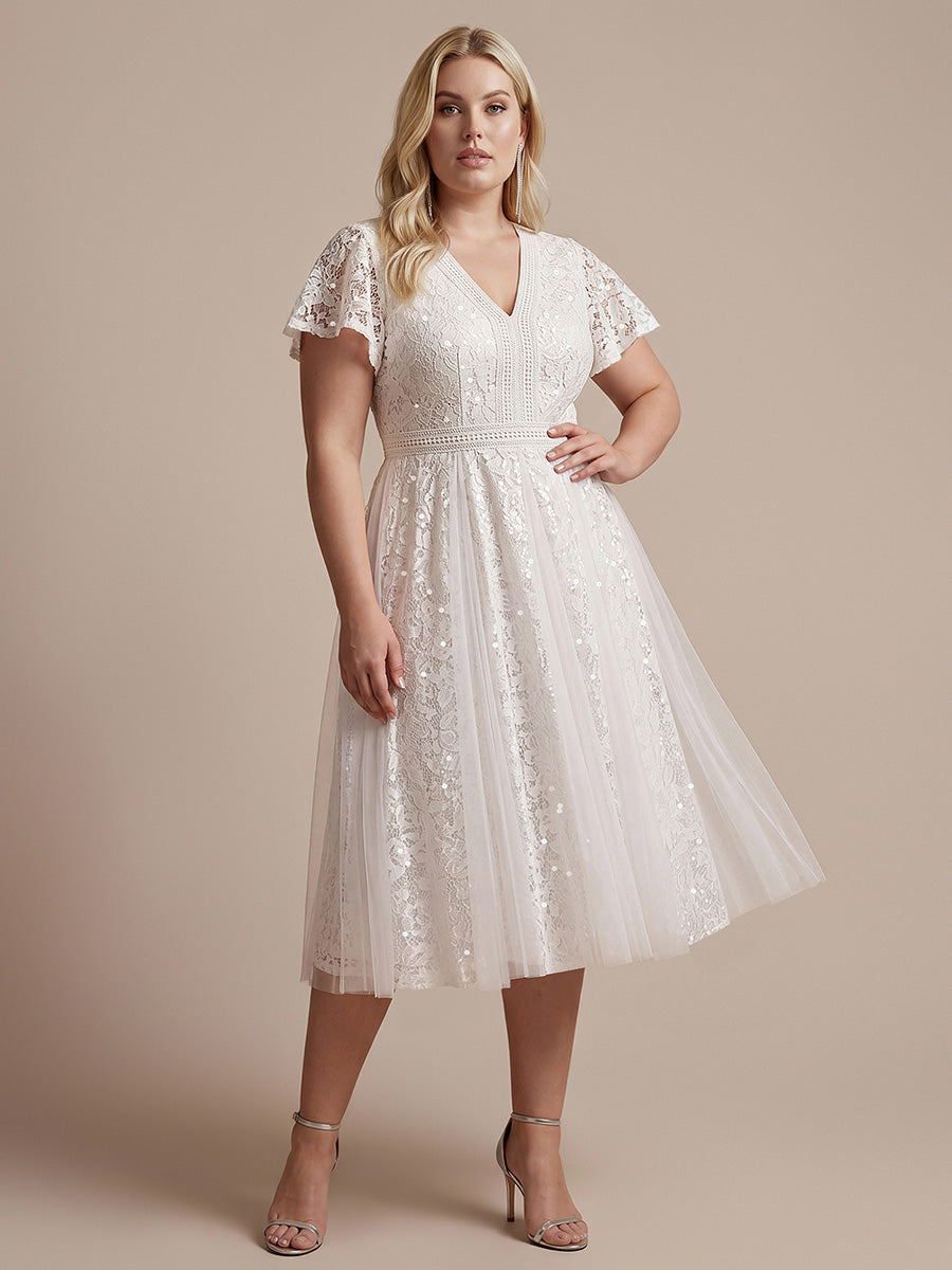 Ever-Pretty Plus Size Lace V-Neck Midi Cocktail Dress with Flutter Sleeves