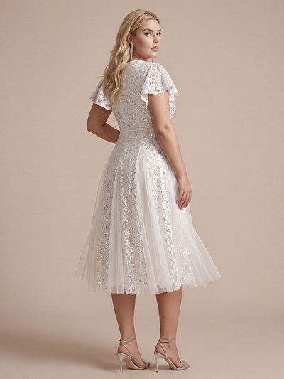 Plus Size Lace Ruffle Sleeve Wedding Guest Dress #color_White