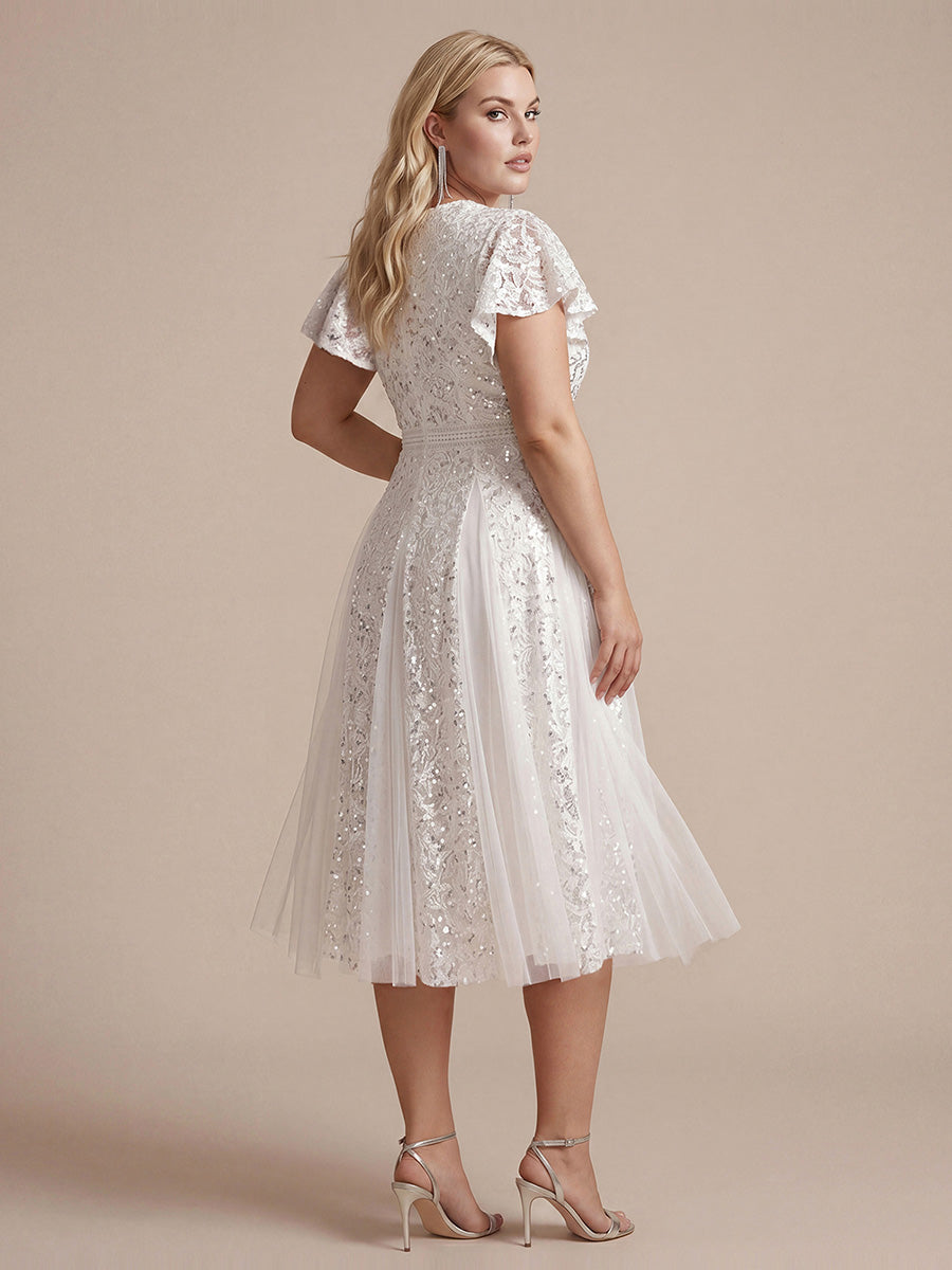 Lace Ruffle Sleeve A-Line Wedding Guest Dress #color_White