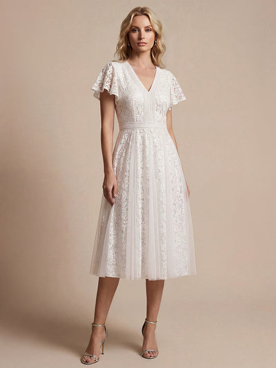 Lace Flutter Sleeve A-Line Wedding Guest Dress