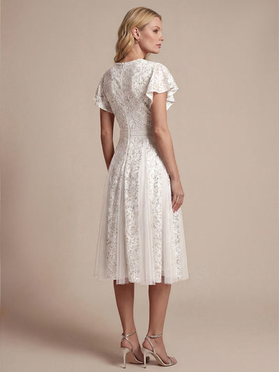 Lace Ruffle Sleeve A-Line Wedding Guest Dress #color_White