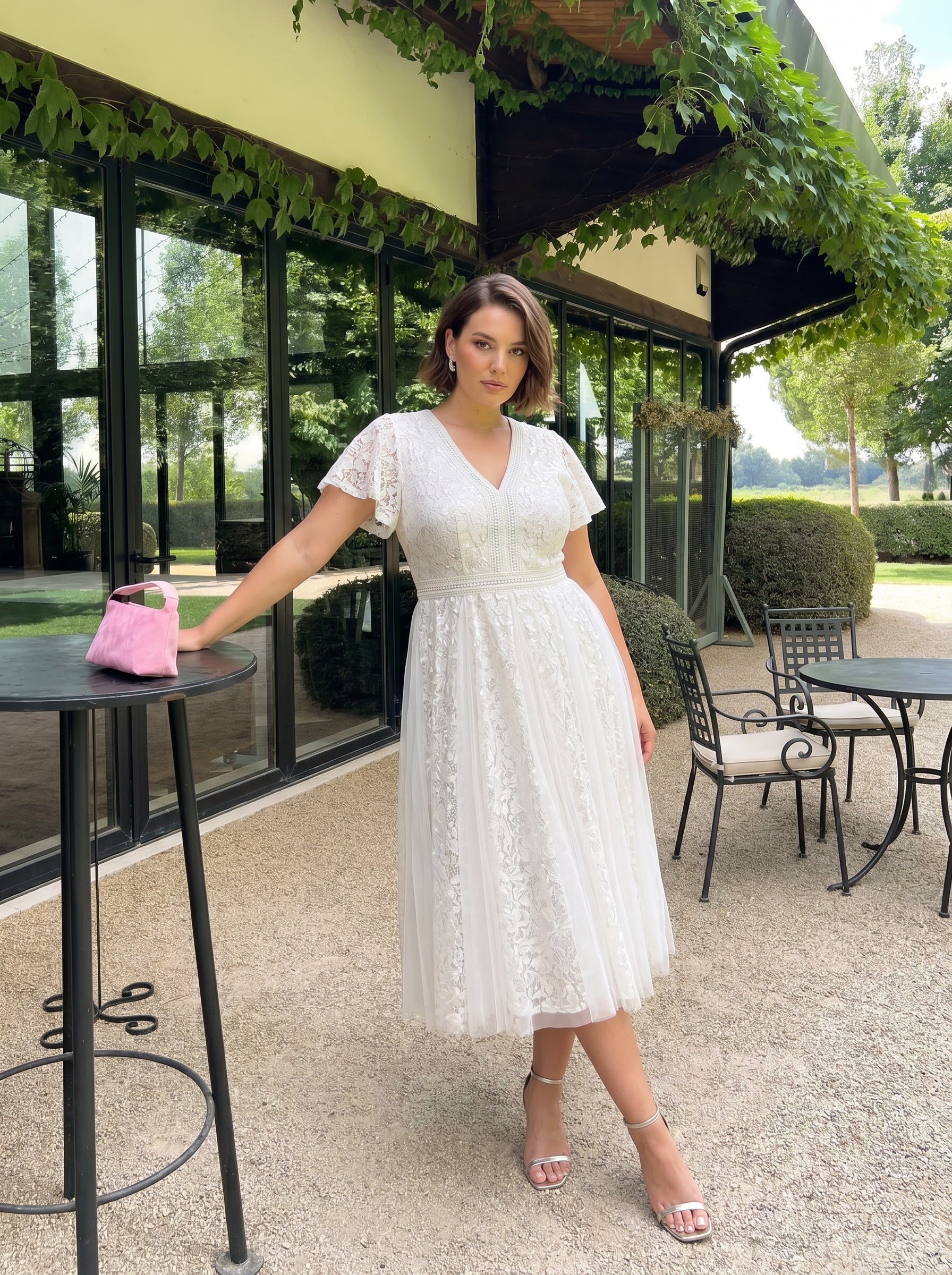 Plus Size Lace V-Neck Midi Cocktail Dress with Flutter Sleeves