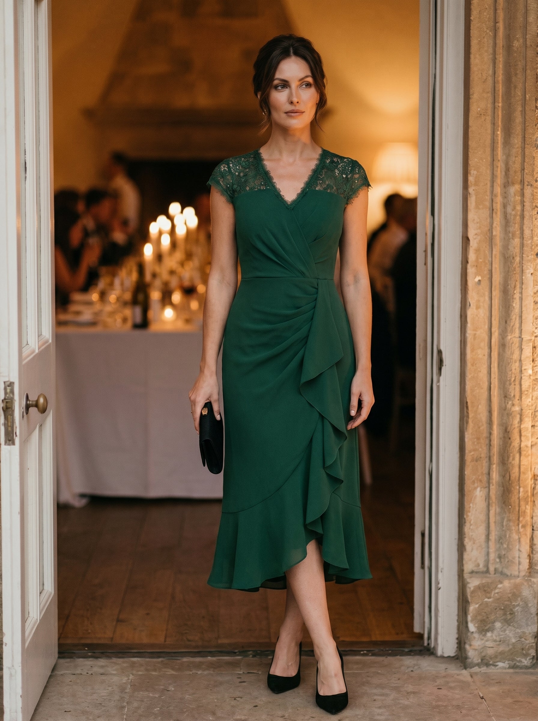 Lace Cap Sleeve Mermaid Wedding Guest Dress #color_Dark Green