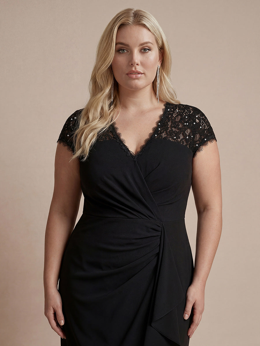 knee length dresses for ladies Lace Cap Sleeve Midi Wedding Guest Dress with Ruffle Hem