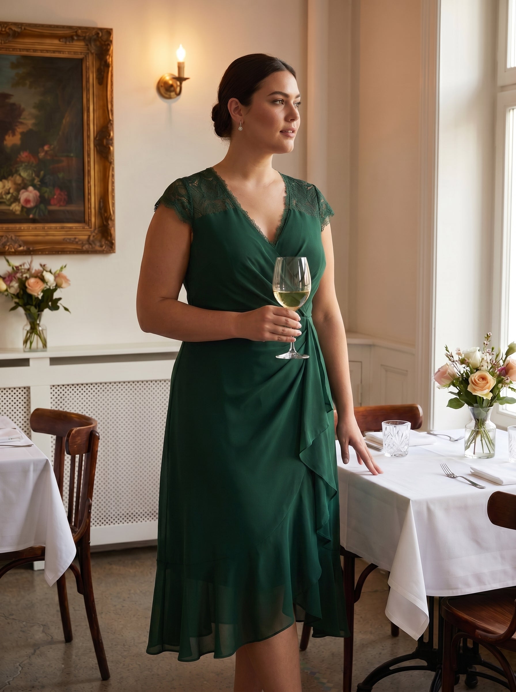 Plus Size Lace Cap Sleeve Wedding Guest Dress #color_Dark Green