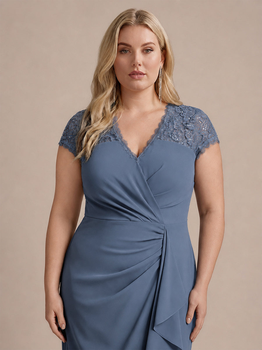 Lace Cap Sleeve Mermaid Wedding Guest Dress #color_Dusty Blue