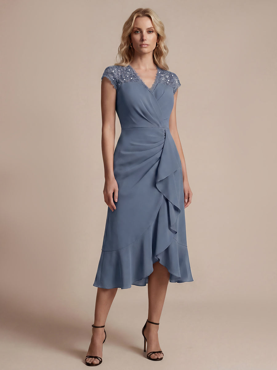 Lace Cap Sleeve Mermaid Wedding Guest Dress #color_Dusty Blue