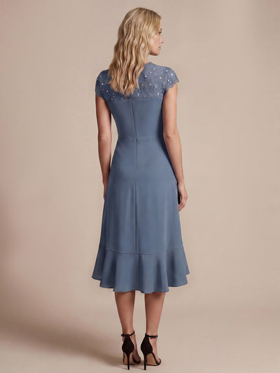 Lace Cap Sleeve Mermaid Wedding Guest Dress #color_Dusty Blue