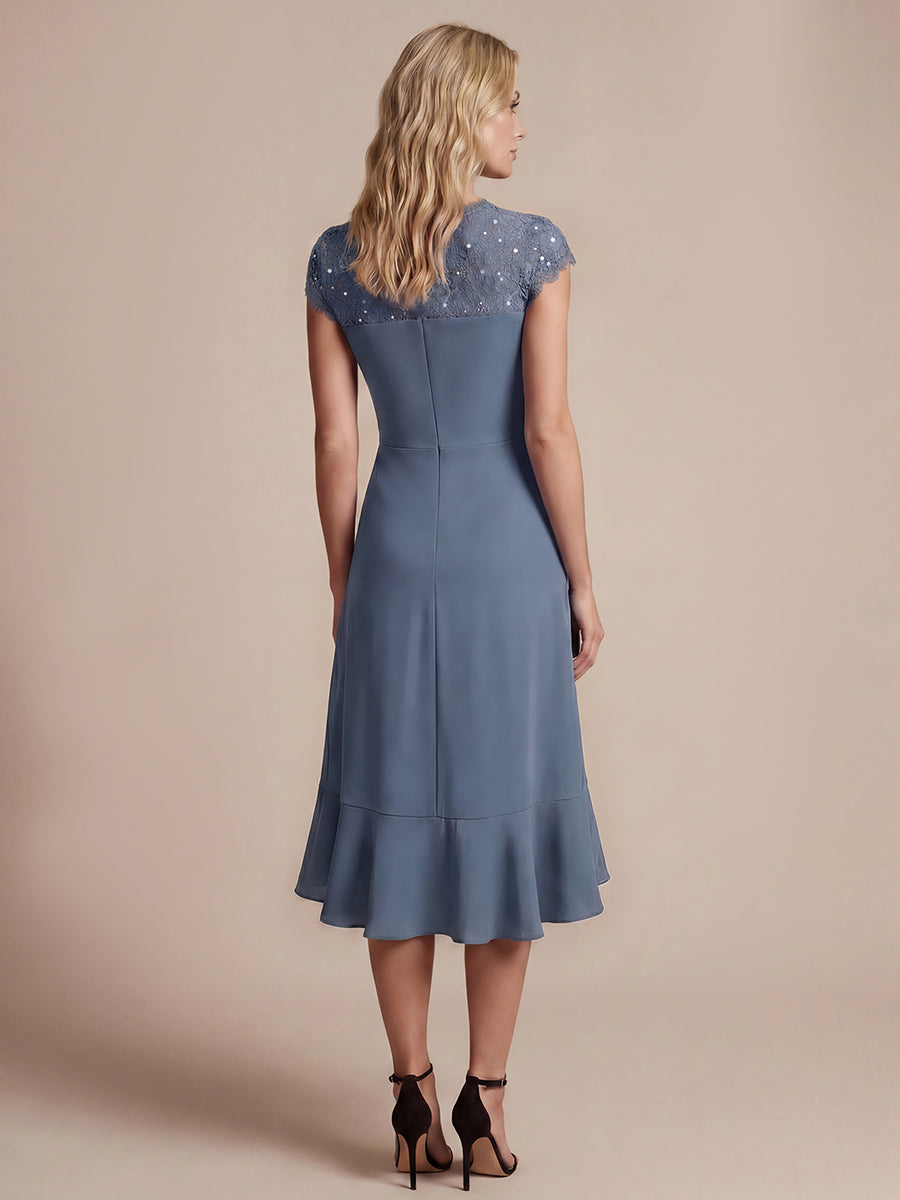 Lace Cap Sleeve Mermaid Wedding Guest Dress #color_Dusty Blue