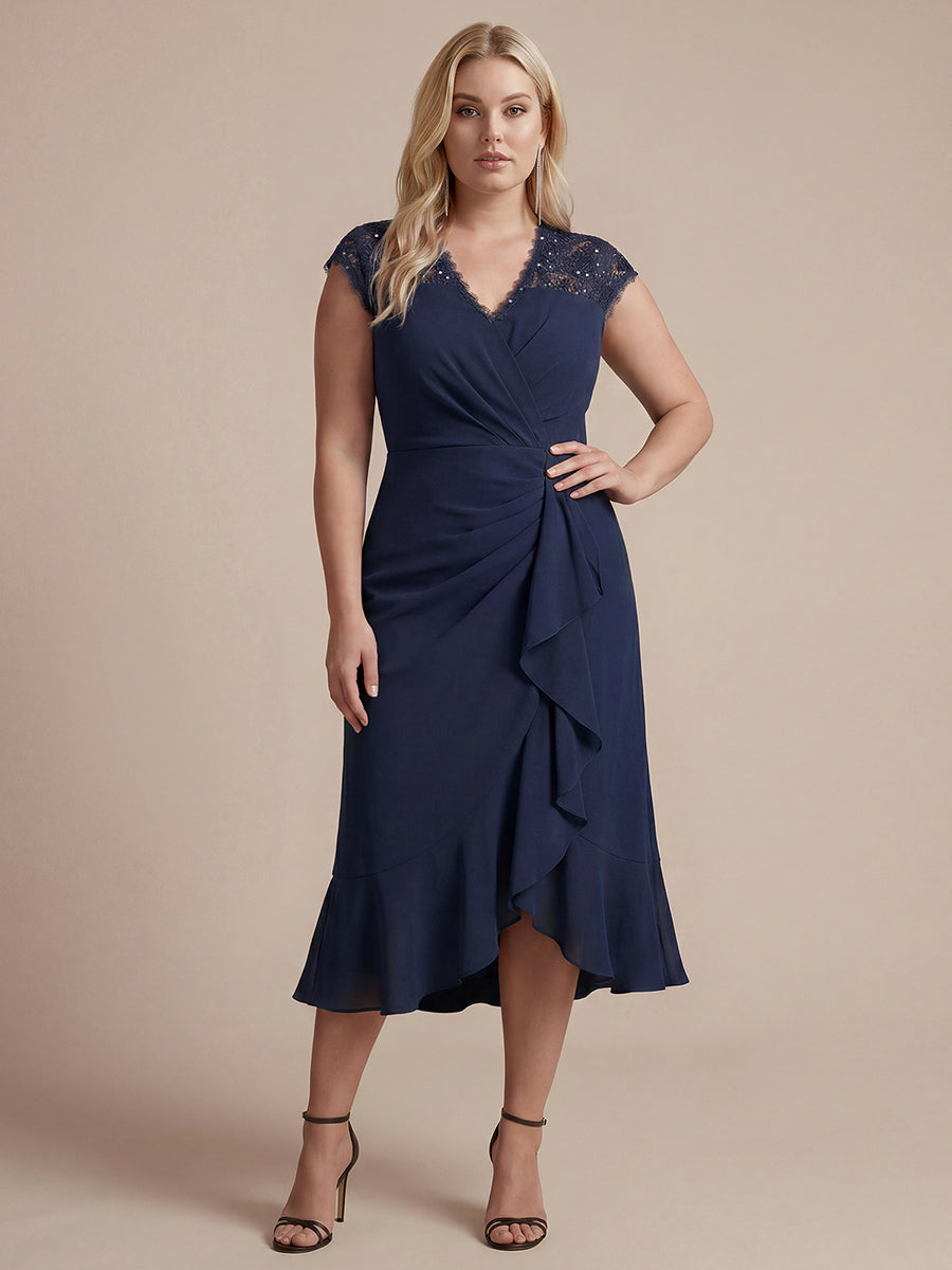 Lace Cap Sleeve Mermaid Wedding Guest Dress #color_Navy Blue