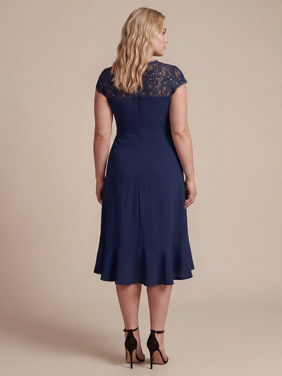 Plus Size Lace Cap Sleeve Wedding Guest Dress #color_Navy Blue
