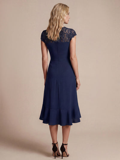 Lace Cap Sleeve Mermaid Wedding Guest Dress #color_Navy Blue