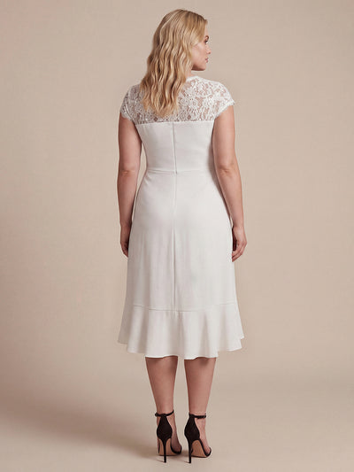 Plus Size Lace Cap Sleeve Wedding Guest Dress #color_White