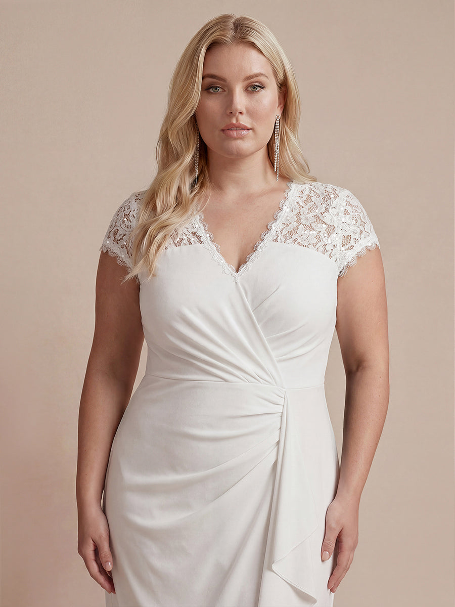 Plus Size Lace Cap Sleeve Wedding Guest Dress #color_White