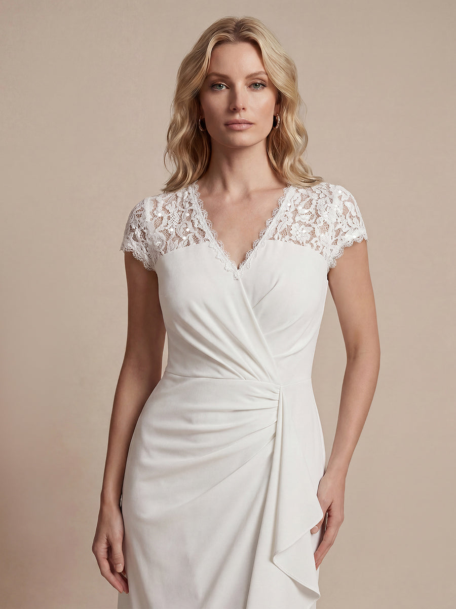 Lace Cap Sleeve Mermaid Wedding Guest Dress #color_White