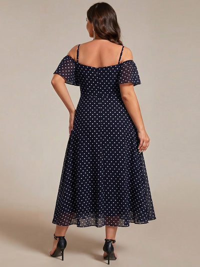 Plus Size Cold Shoulder Sweetheart Necklin Chiffon Midi Wedding Guest Dress #color_Navy Blue Polka Dots