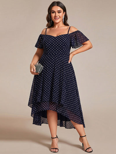Plus Size Cold Shoulder Sweetheart Necklin Chiffon Midi Wedding Guest Dress #color_Navy Blue Polka Dots