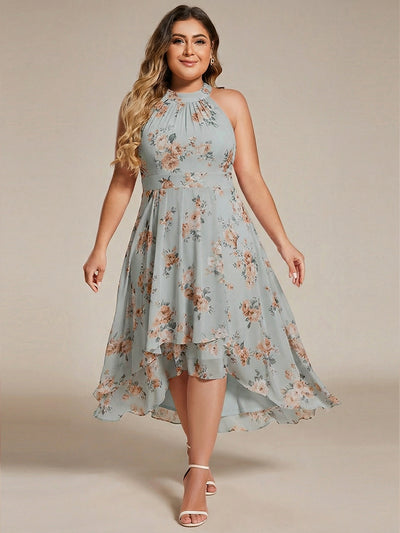 Flowy Plus Size Halter Neck Chiffon Midi Wedding Guest Dress #color_Amber Bloom