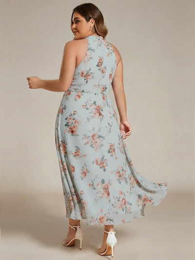 Flowy Plus Size Halter Neck Chiffon Midi Wedding Guest Dress #color_Amber Bloom