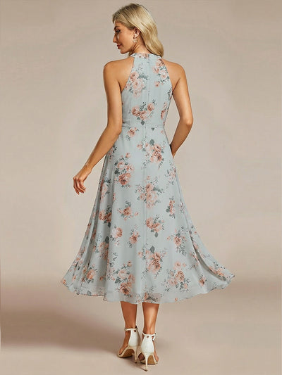 Midi Halter Neck Chiffon Wedding Guest Dress with Sleeveless and A-Line #color_Amber Bloom