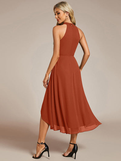 Midi Halter Neck Chiffon Wedding Guest Dress with Sleeveless and A-Line #color_Burnt Orange