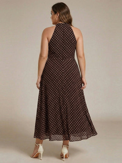 Flowy Plus Size Halter Neck Chiffon Midi Wedding Guest Dress #color_Brown Polka Dots