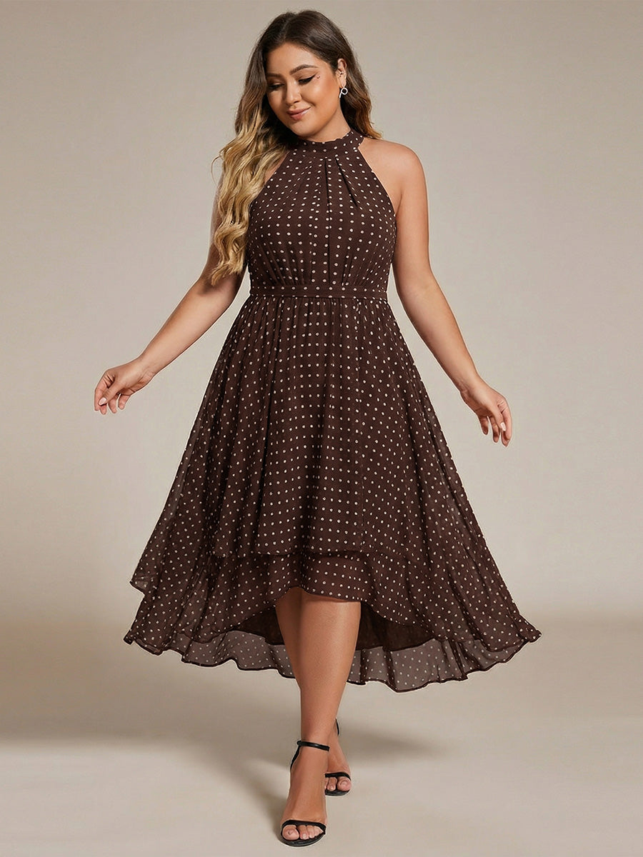 Gathered Chiffon Sleeveless Wedding Guest Dress #color_Brown Polka Dots