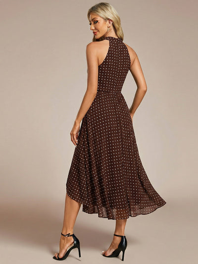 Gathered Chiffon Sleeveless Wedding Guest Dress #color_Brown Polka Dots