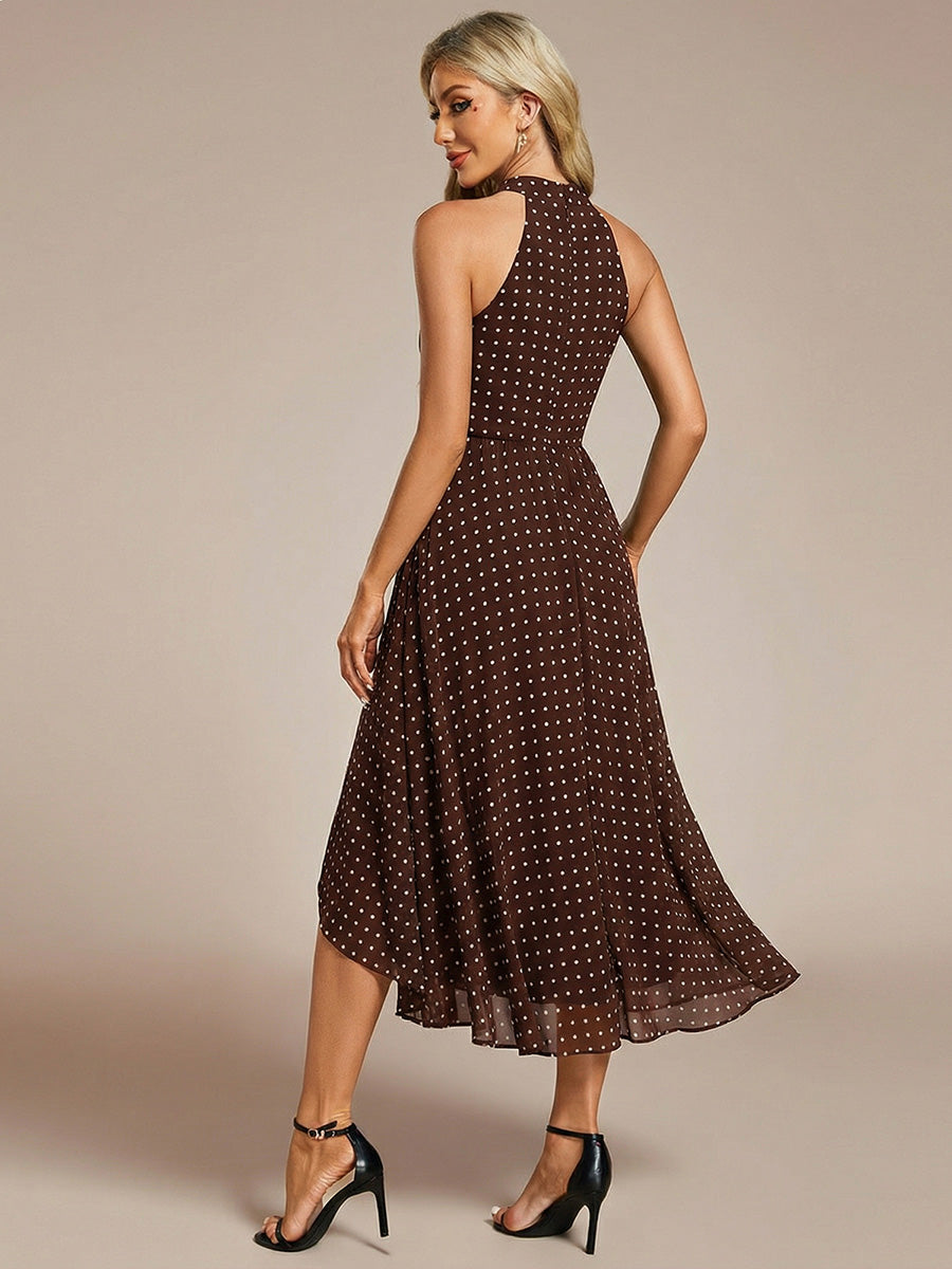 Gathered Chiffon Sleeveless Wedding Guest Dress #color_Brown Polka Dots