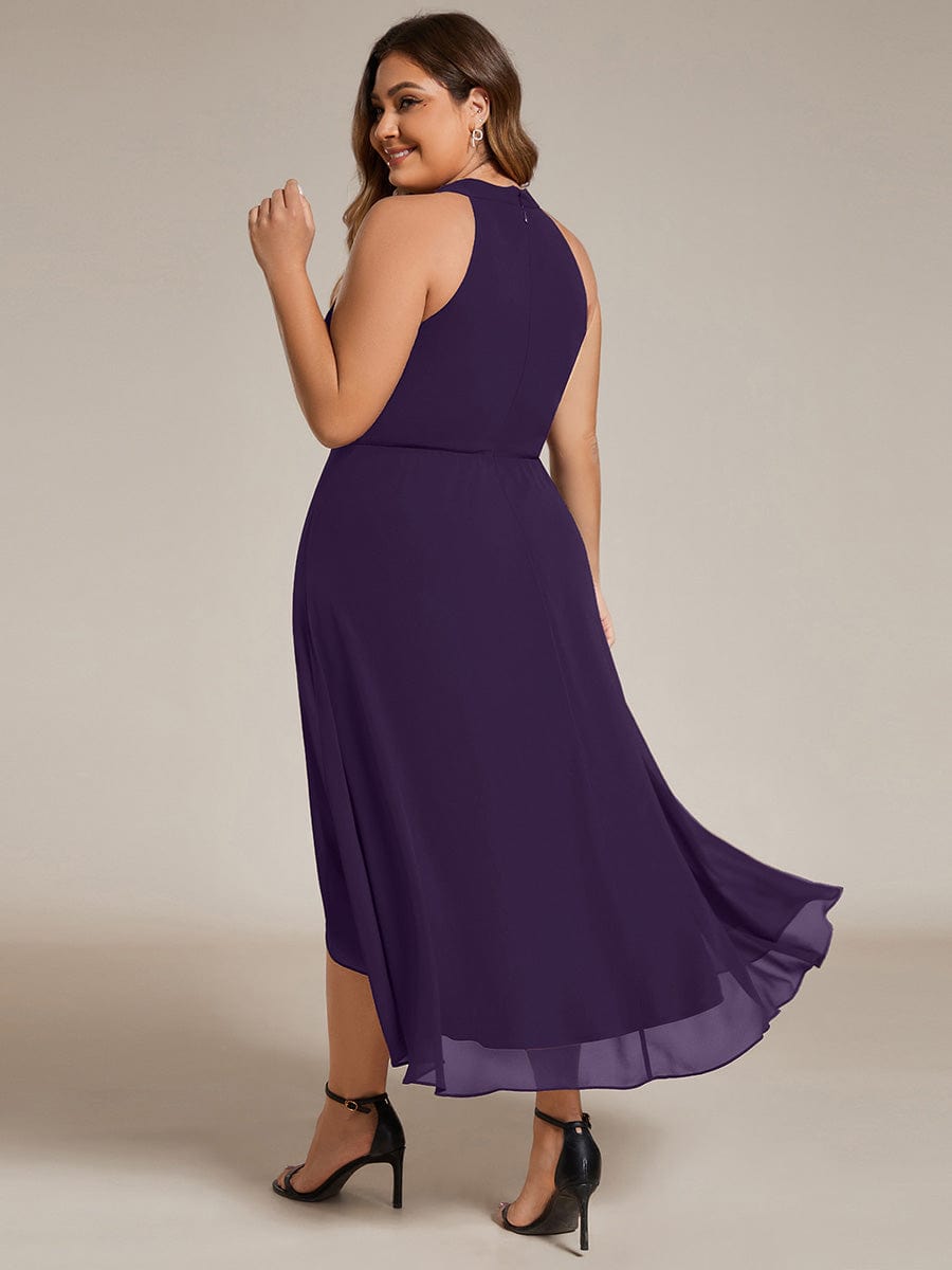 Midi Halter Neck Chiffon Wedding Guest Dress with Sleeveless and A-Line #color_Dark Purple