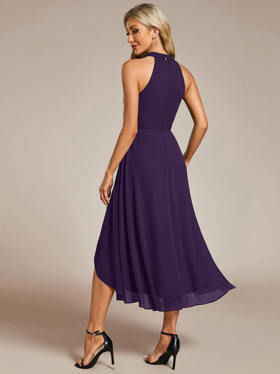 Midi Halter Neck Chiffon Wedding Guest Dress with Sleeveless and A-Line #color_Dark Purple