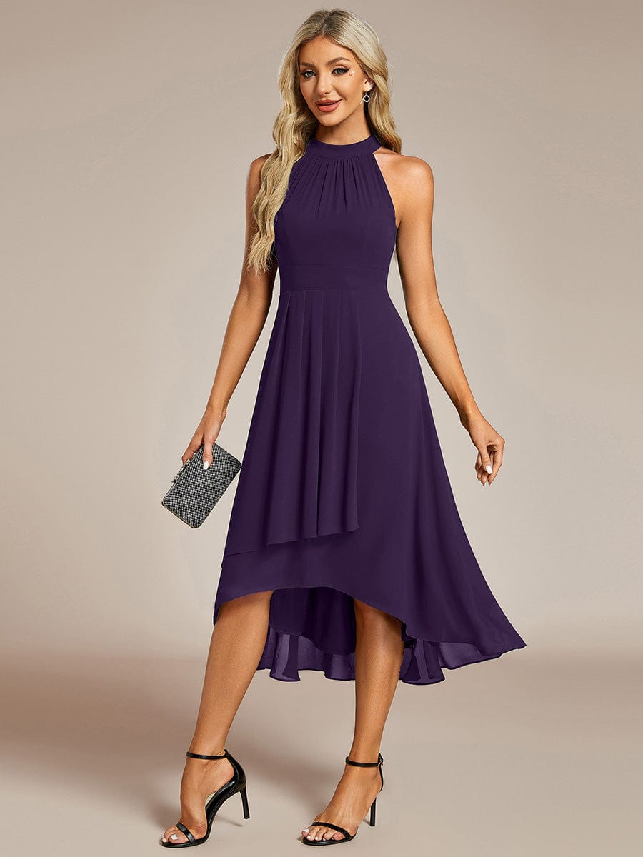 Midi Halter Neck Chiffon Wedding Guest Dress with Sleeveless and A-Line #color_Dark Purple